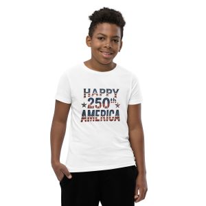 youth short sleeve t shirt with "happy 250th america" print.